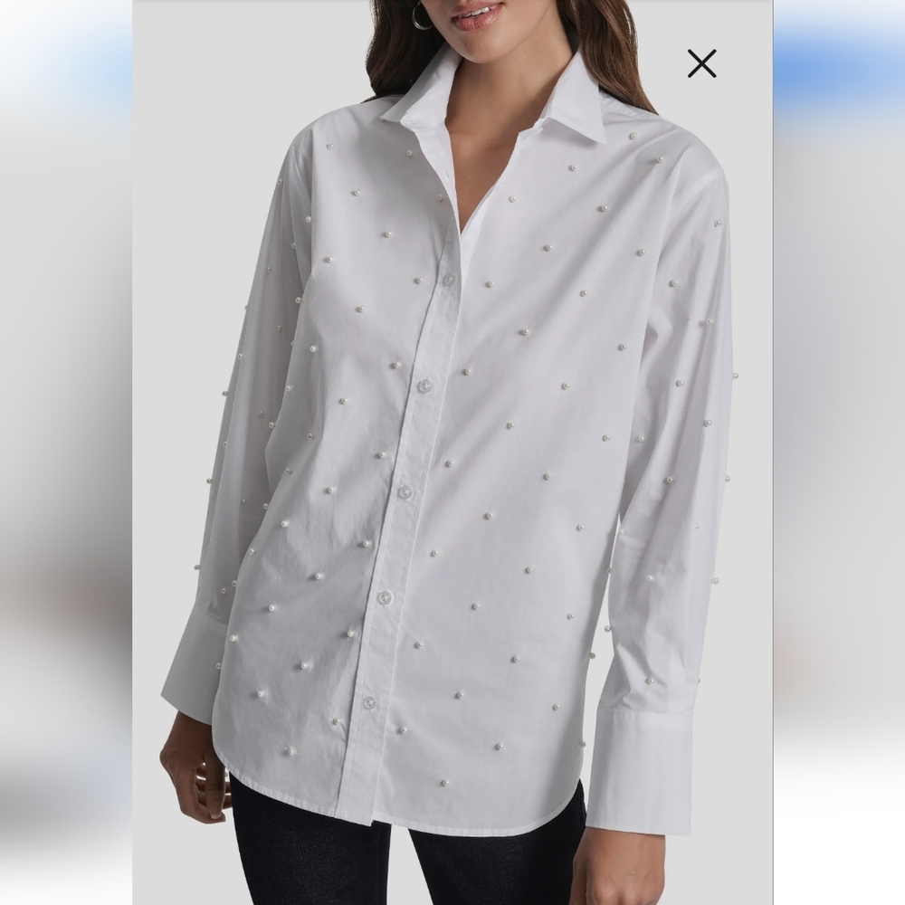 DKNY NWT Faux Pearl Embellished Button Up Shirt White Size XS